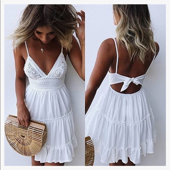 Womens V-Neck Spaghetti Strap Bowknot Backless Lace Mini Swing Dress (BNIP) - Picture 4 of 7